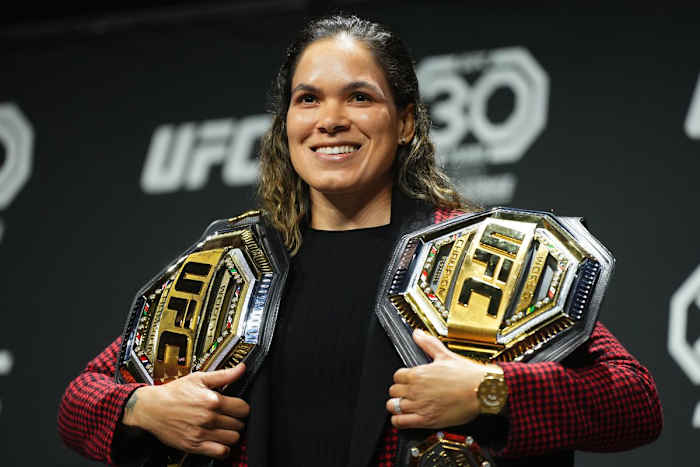 UFC women's bantamweight and featherweight titleholder Amanda Nunes at a press conference.